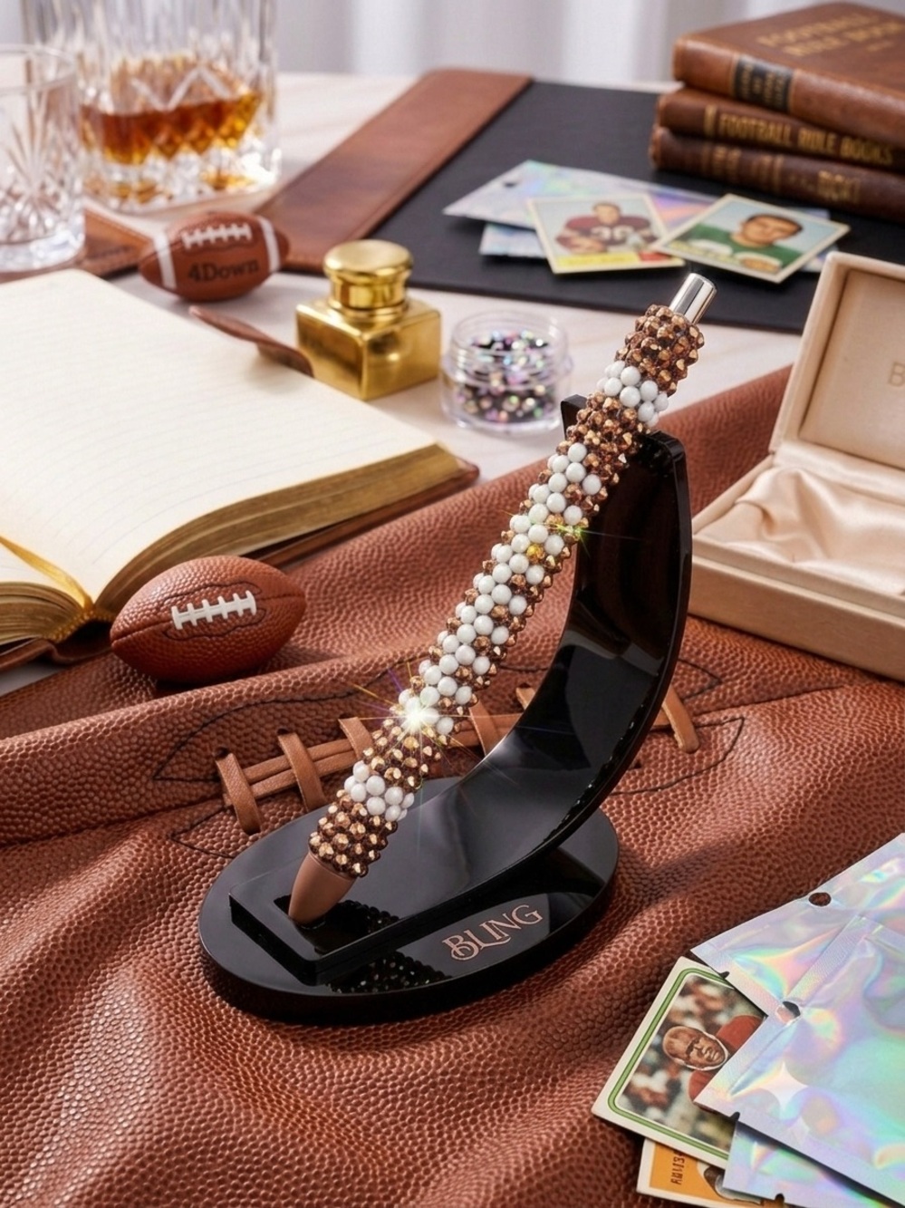 Beaded Crystal Ballpoint Pen in White & Brown - Football